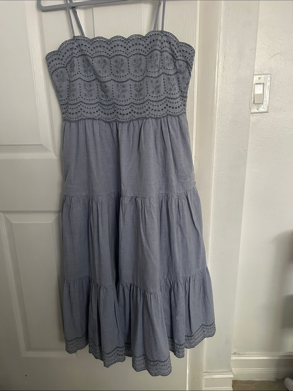 American Eagle Outfitters Light Blue Tiered Eyelet Midi Dress